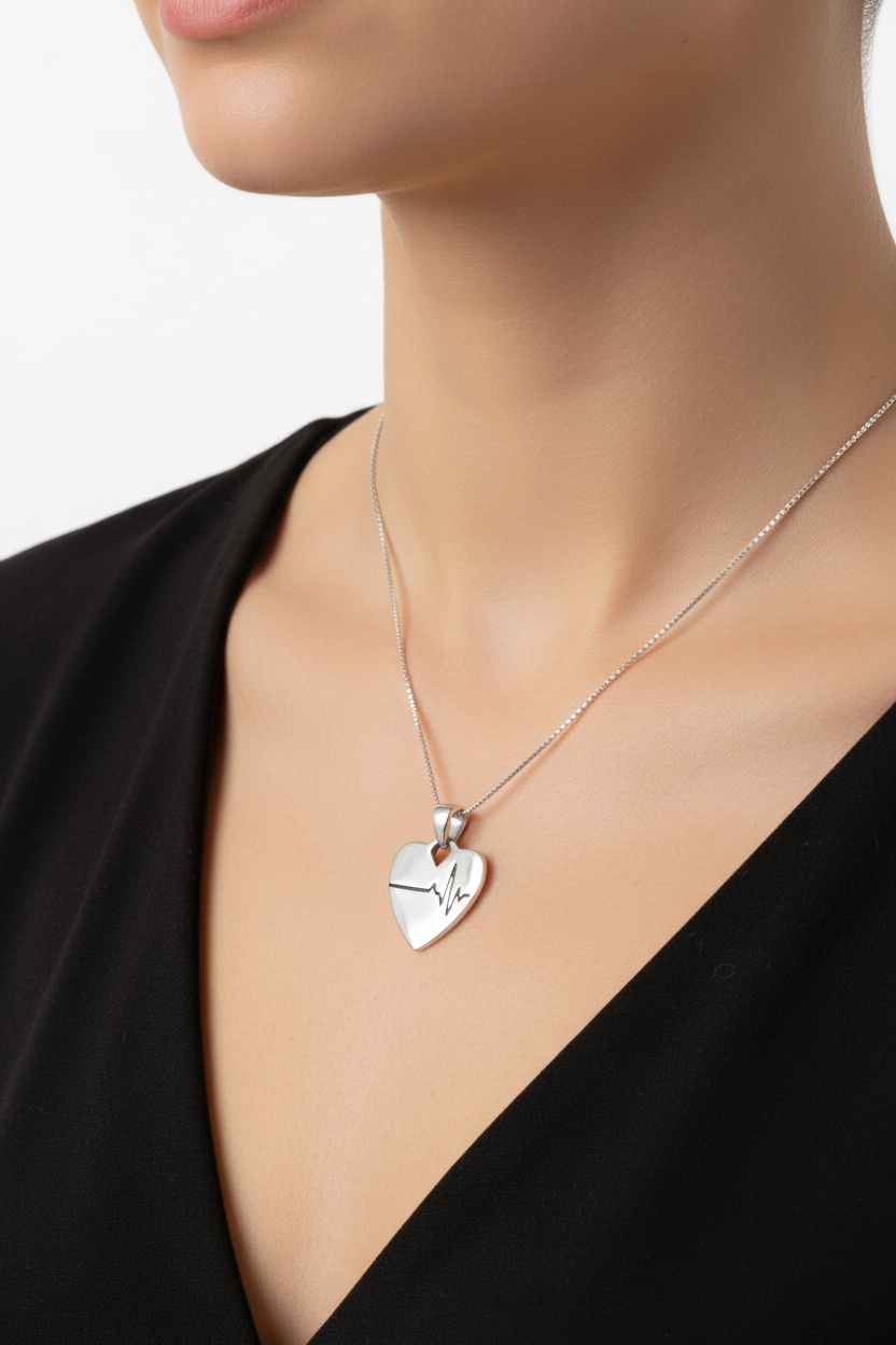 Sterling silver EKG heartbeat heart pendant on 18 inch 1mm box chain