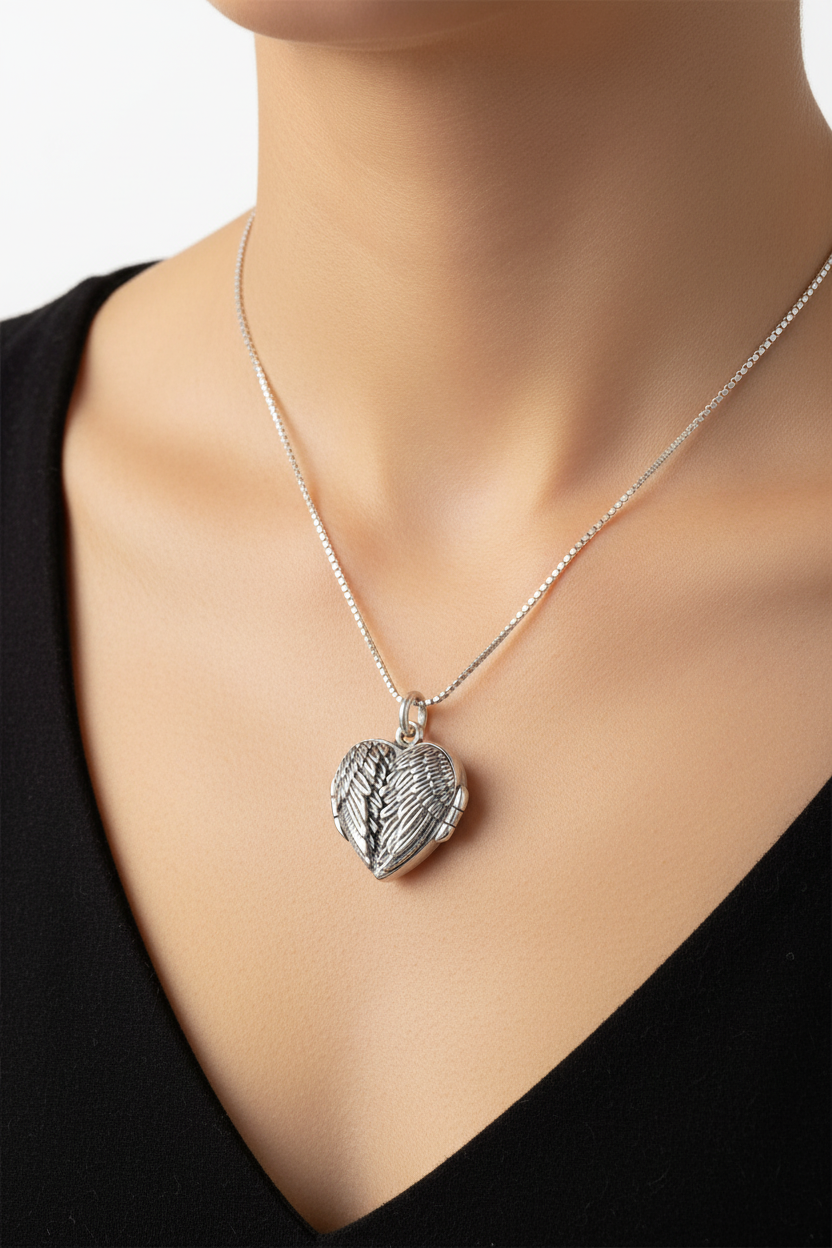 Sterling silver angel wings heart locket on 18 inch 1mm box chain