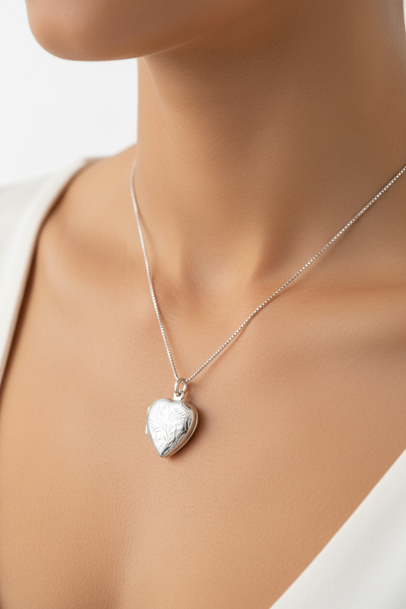 Sterling silver engraved heart locket on 18 inch 1mm box chain