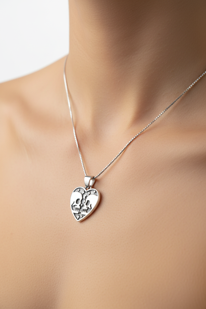 Sterling silver skulls and moon heart pendant on 18 inch 1mm box chain
