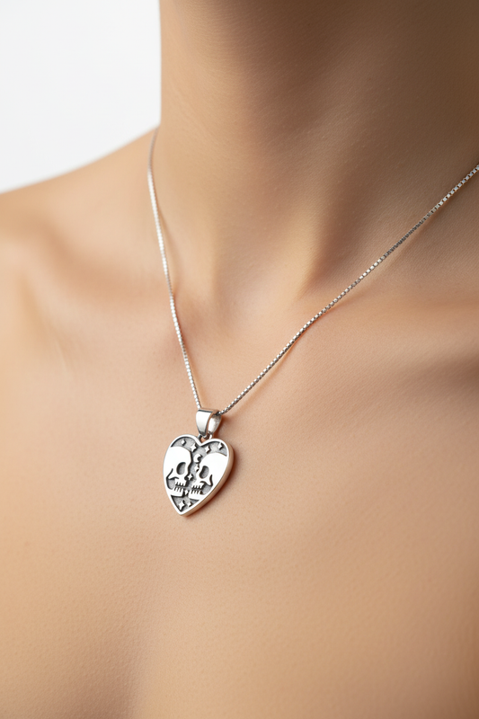 Sterling silver skulls and moon heart pendant on 18 inch 1mm box chain