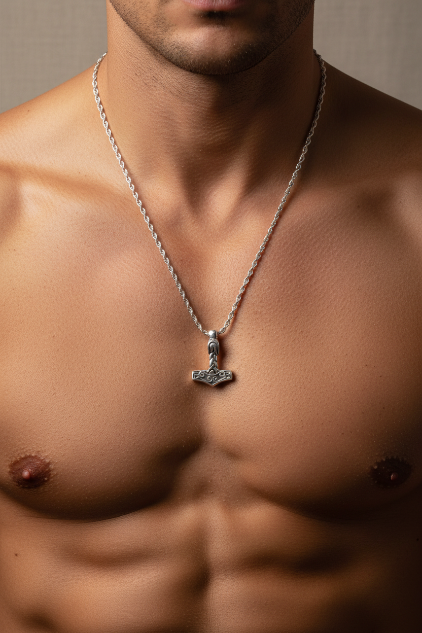 Sterling Hammer Pendant 17mm on 1.7mm 22-inch sterling silver rope chain on male model