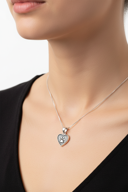 Sterling silver heart pendant with paw print on 18 inch 1mm box chain