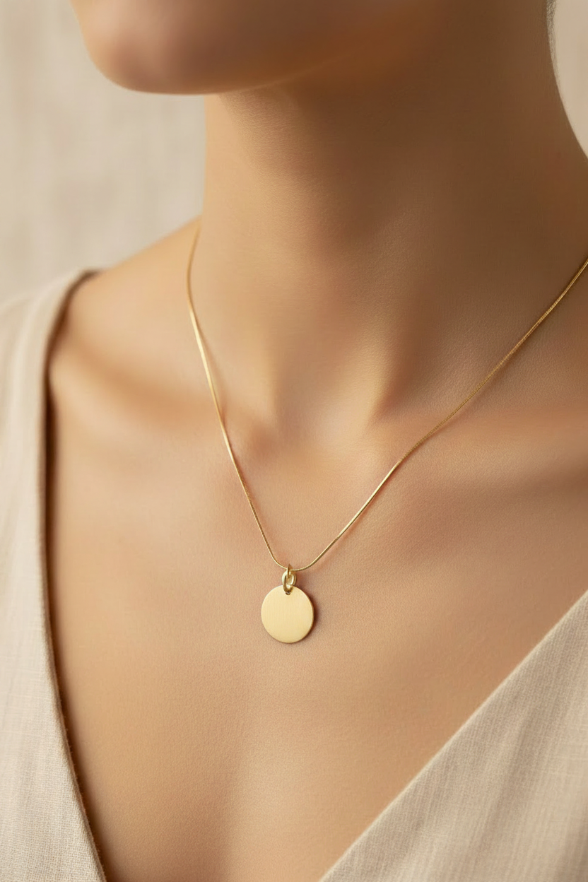 Gold fill 13mm disc pendant on 18 inch snake chain