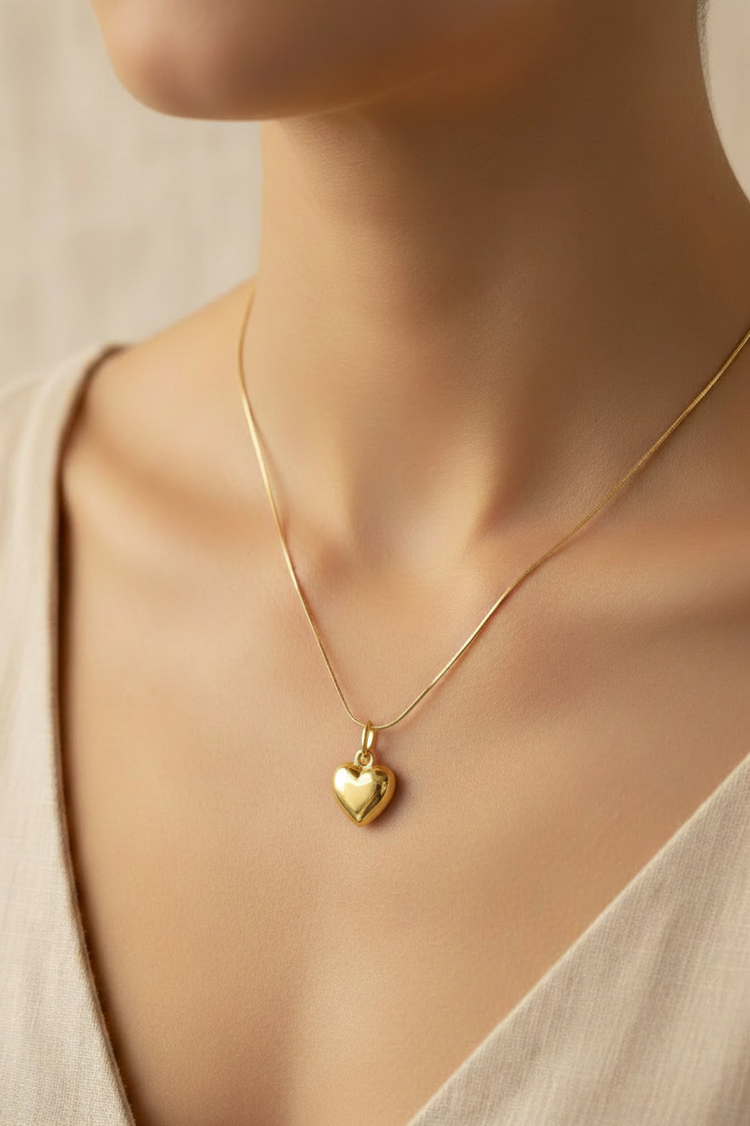 Gold fill 11mm puffy heart pendant on 18 inch snake chain