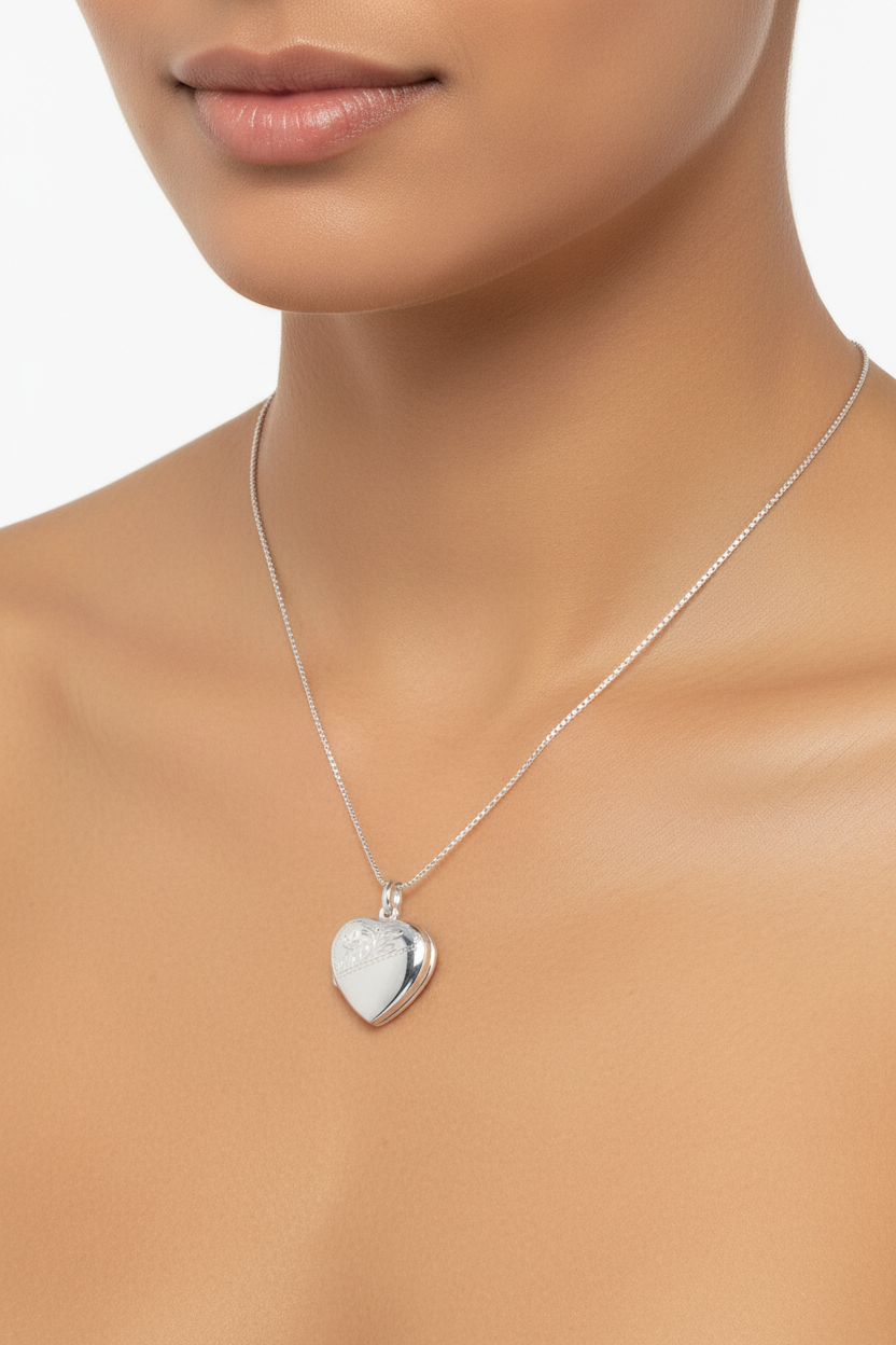 Sterling silver half-engraved heart locket on 18 inch 1mm box chain